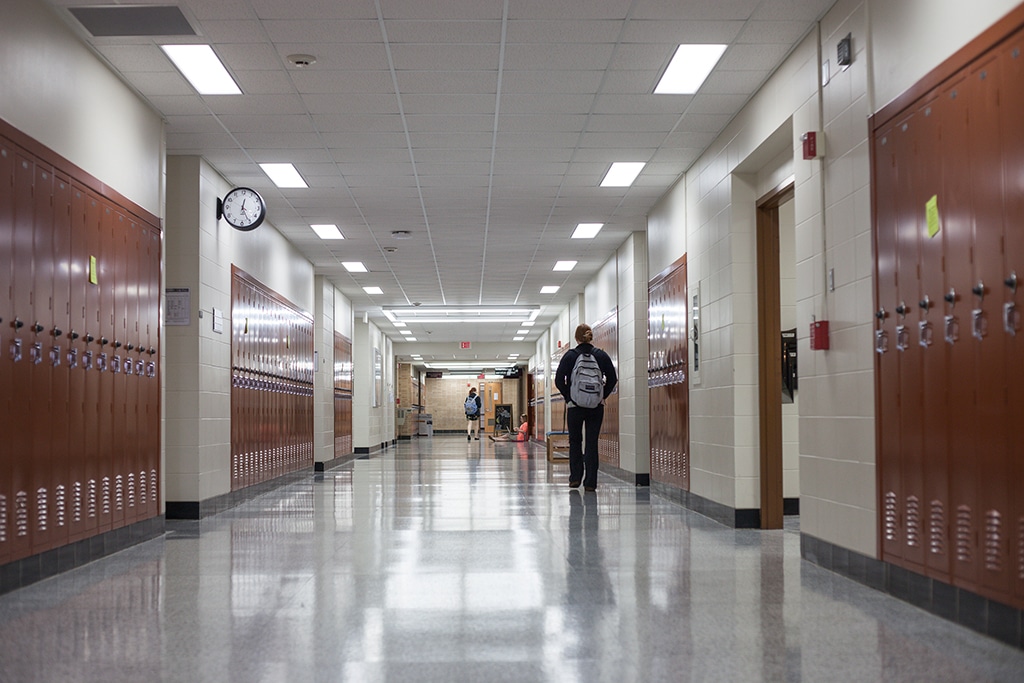 School hallway lined with student lockers