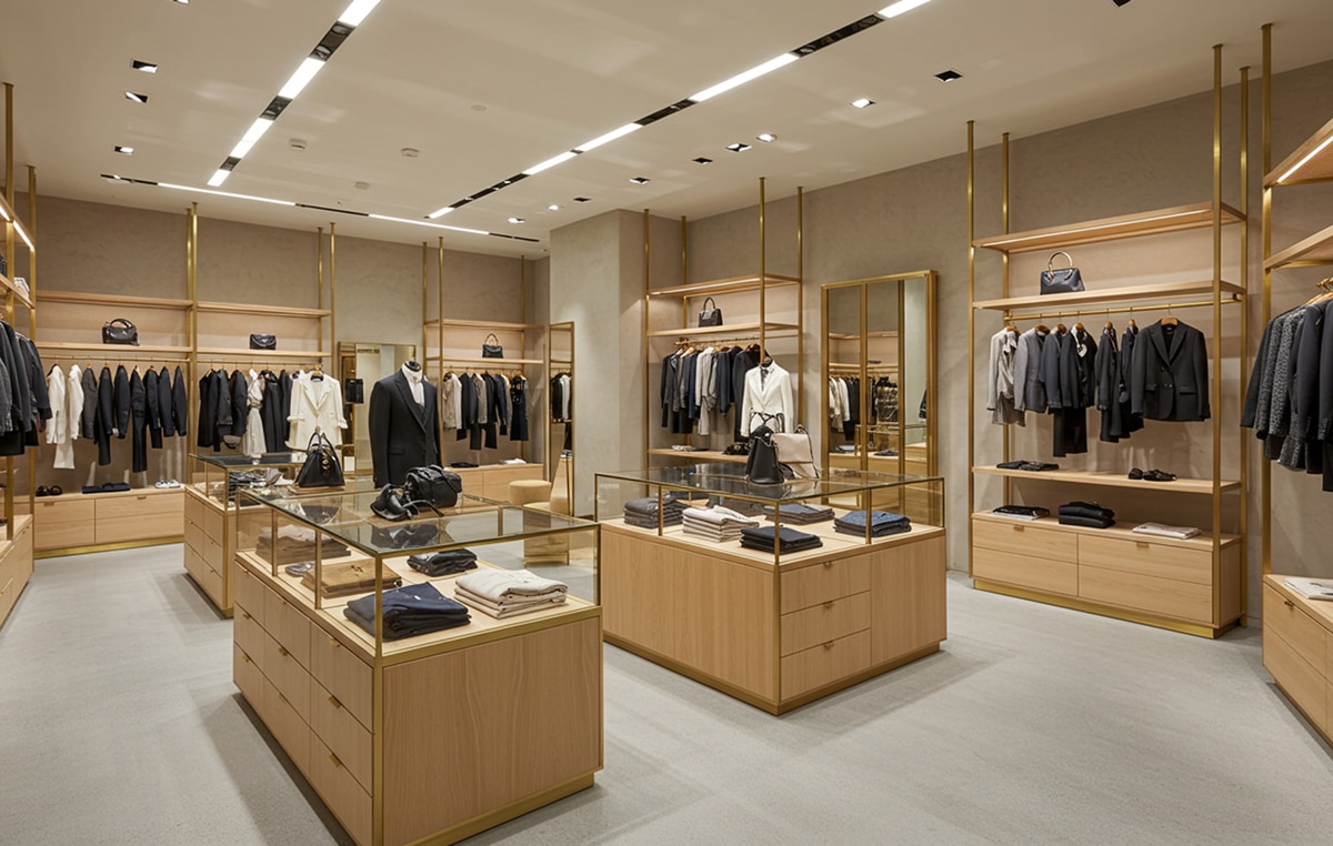 Interior view of a high end clothing store with displays of suits and accessories on shelves and tables